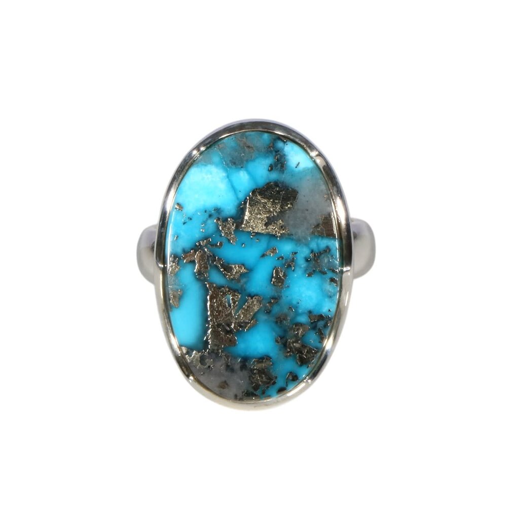 Zilveren ring turkoois met pyriet maat 17 1/2 (licht verstelbaar) | ovaal 2,3 x 1,5 cm