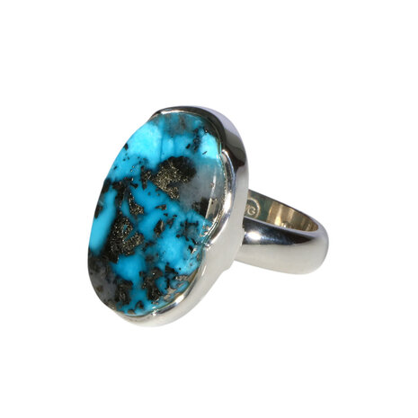 Zilveren ring turkoois met pyriet maat 17 1/2 (licht verstelbaar) | ovaal 2,3 x 1,5 cm