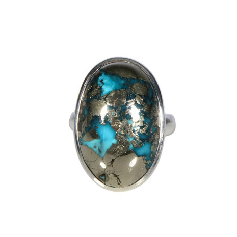 Zilveren ring turkoois met pyriet maat 19 (licht verstelbaar) | ovaal 2,4 x 1,6 cm
