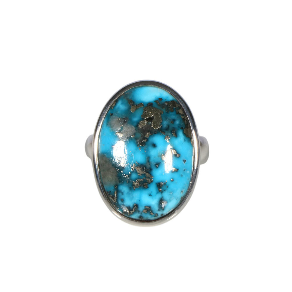 Zilveren ring turkoois met pyriet maat 18 (licht verstelbaar) | ovaal 2,2 x 1,5 cm