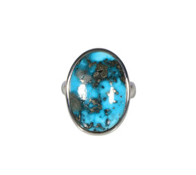 Zilveren ring turkoois met pyriet maat 18 (licht verstelbaar) | ovaal 2,2 x 1,5 cm