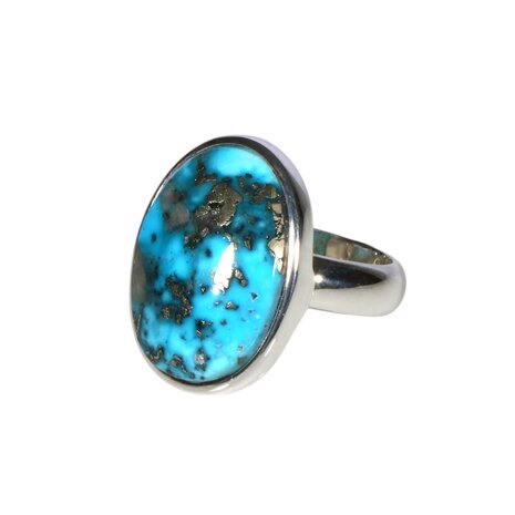 Zilveren ring turkoois met pyriet maat 18 (licht verstelbaar) | ovaal 2,2 x 1,5 cm