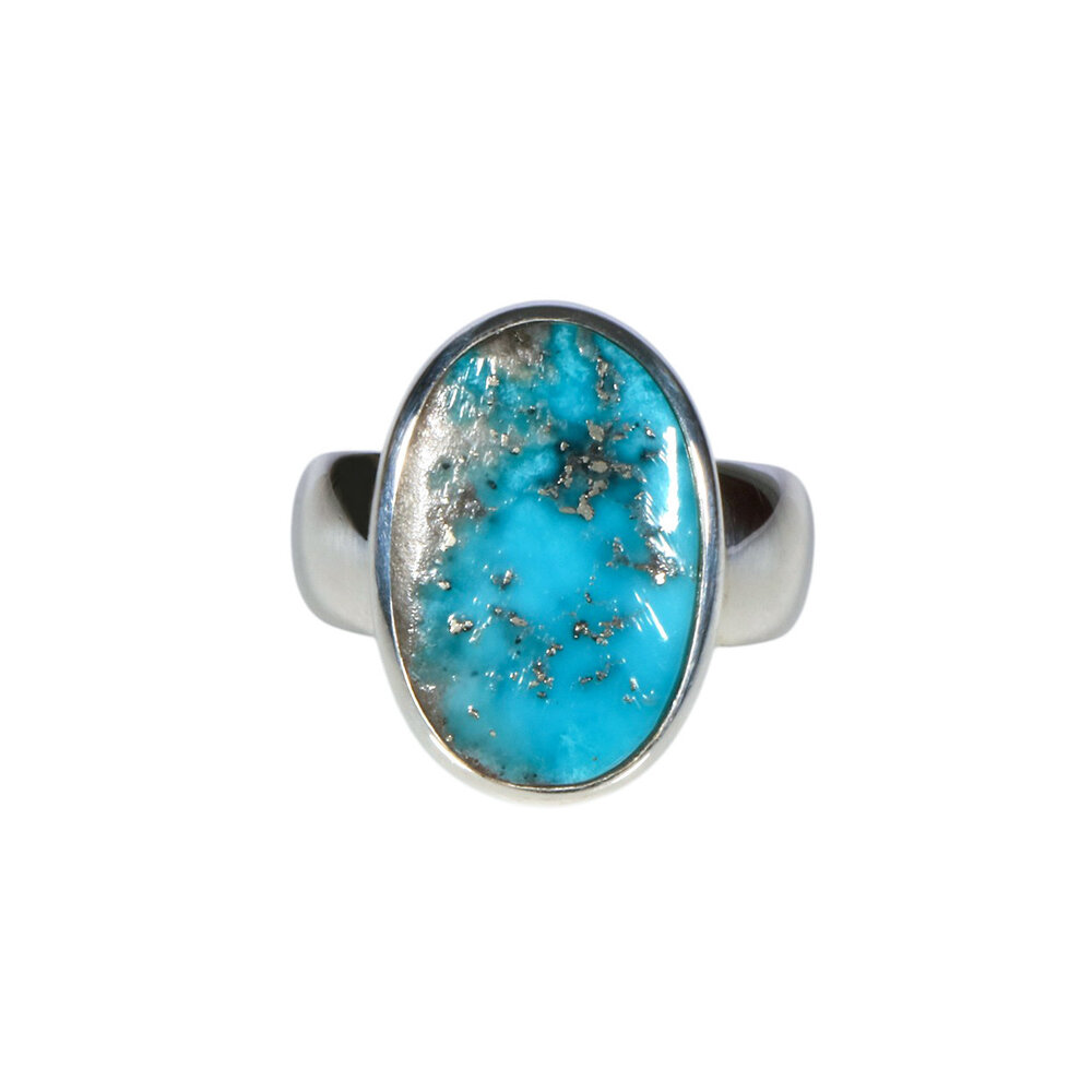 Zilveren ring turkoois met pyriet maat 18 1/2 | ovaal 1,9 x 1,2 cm