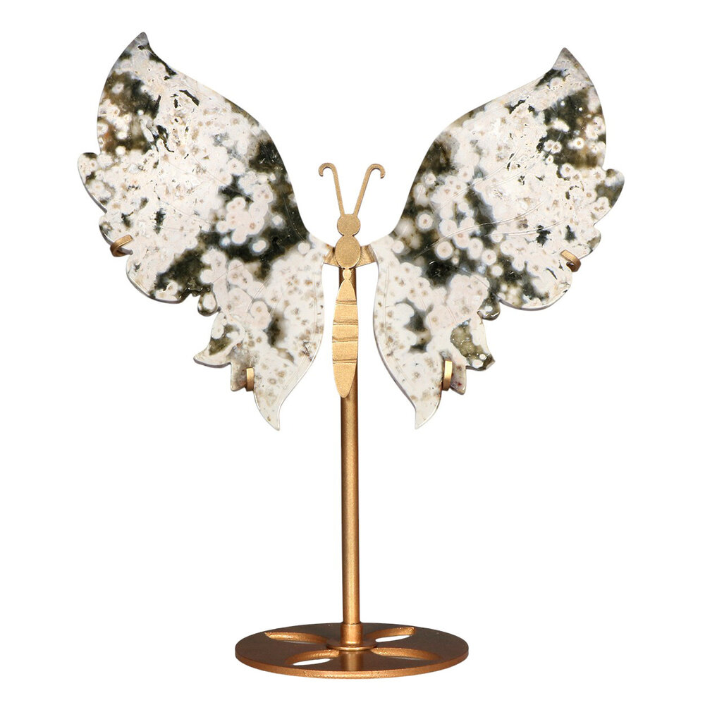 Jaspis (oceaan) vlinder op (goudkleurig) standaard 23 x 18 x 0,8 cm | 594 gram