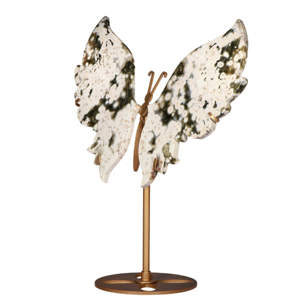 Jaspis (oceaan) vlinder op (goudkleurig) standaard 23 x 18 x 0,8 cm | 594 gram