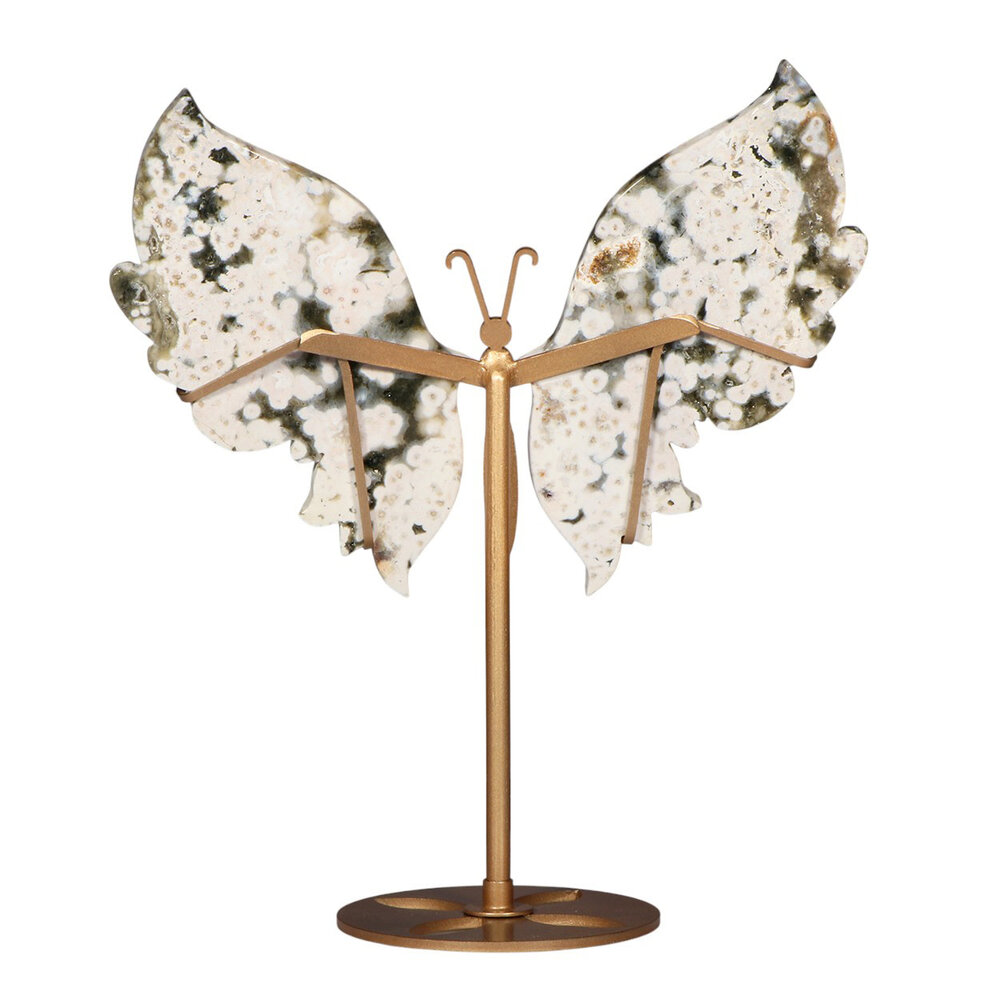 Jaspis (oceaan) vlinder op (goudkleurig) standaard 23 x 18 x 0,8 cm | 594 gram