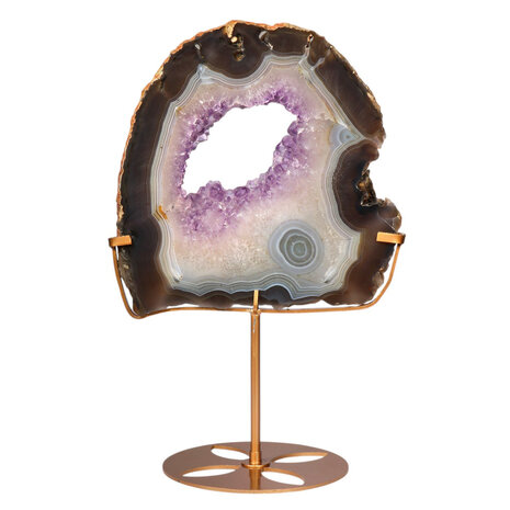 Amethist (galaxy) met agaat portal op standaard 21 x 20,7 x 1,4 cm | 1382 gram Amethist (galaxy) met agaat portal op standaard 21 x 20,7 x 1,4 cm | 1382 gram