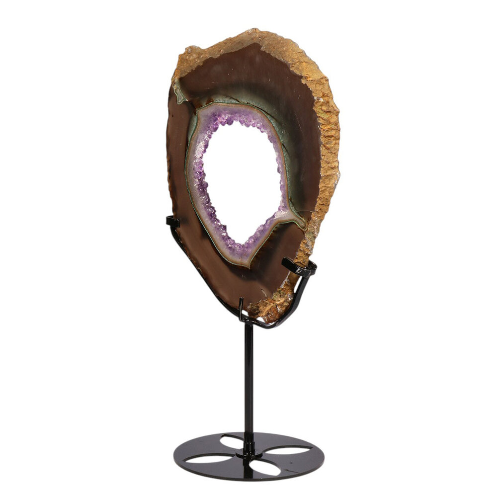 Amethist (galaxy) met agaat portal op standaard 22,4 x 17,6 x 1,4 cm | 910 gram