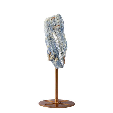 Kyaniet kristal op goudkleurige standaard 11,8 x 4 x 2,4 cm | 323 gram