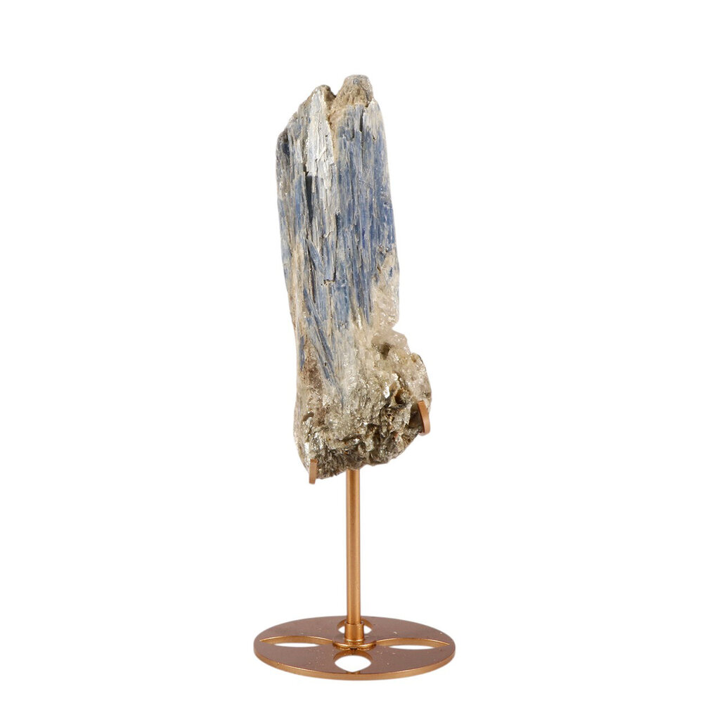 Kyaniet kristal op goudkleurige standaard 14,3 x 5,5 x 2,4 cm | 371 gram