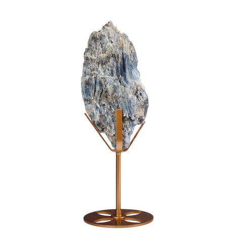 Kyaniet kristal op goudkleurige standaard 16,3 x 7,6 x 4,8 cm | 709 gram