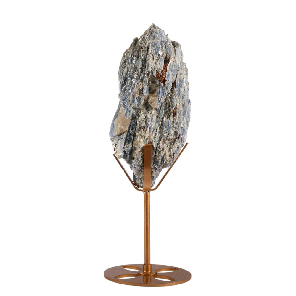 Kyaniet kristal op goudkleurige standaard 16,3 x 7,6 x 4,8 cm | 709 gram