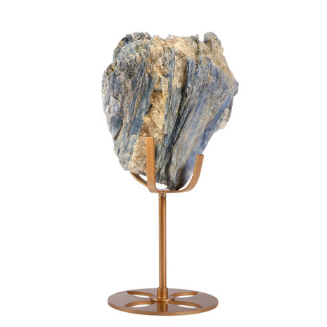 Kyaniet kristal op goudkleurige standaard 10,8 x 9,3 x 3,6 cm | 701 gram