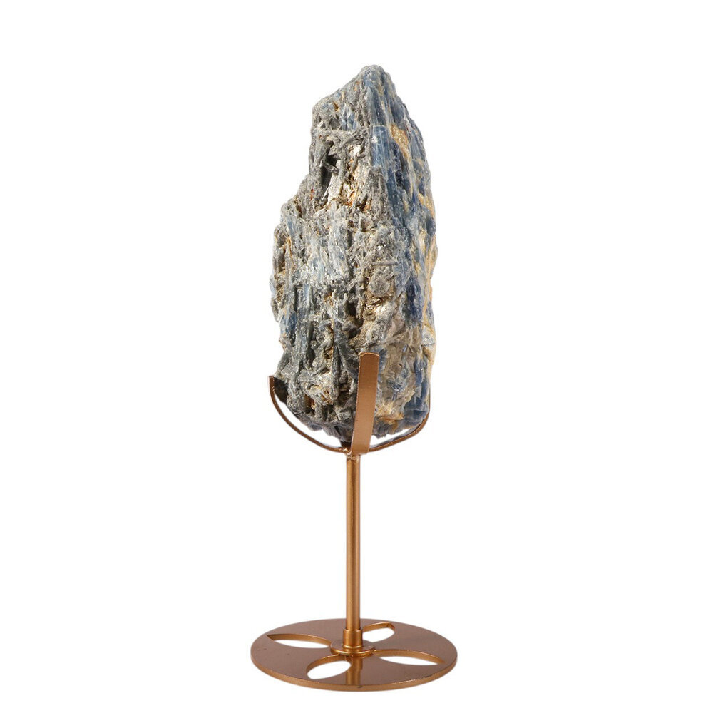 Kyaniet kristal op goudkleurige standaard 15 x 6,1 x 4,7 cm | 750 gram