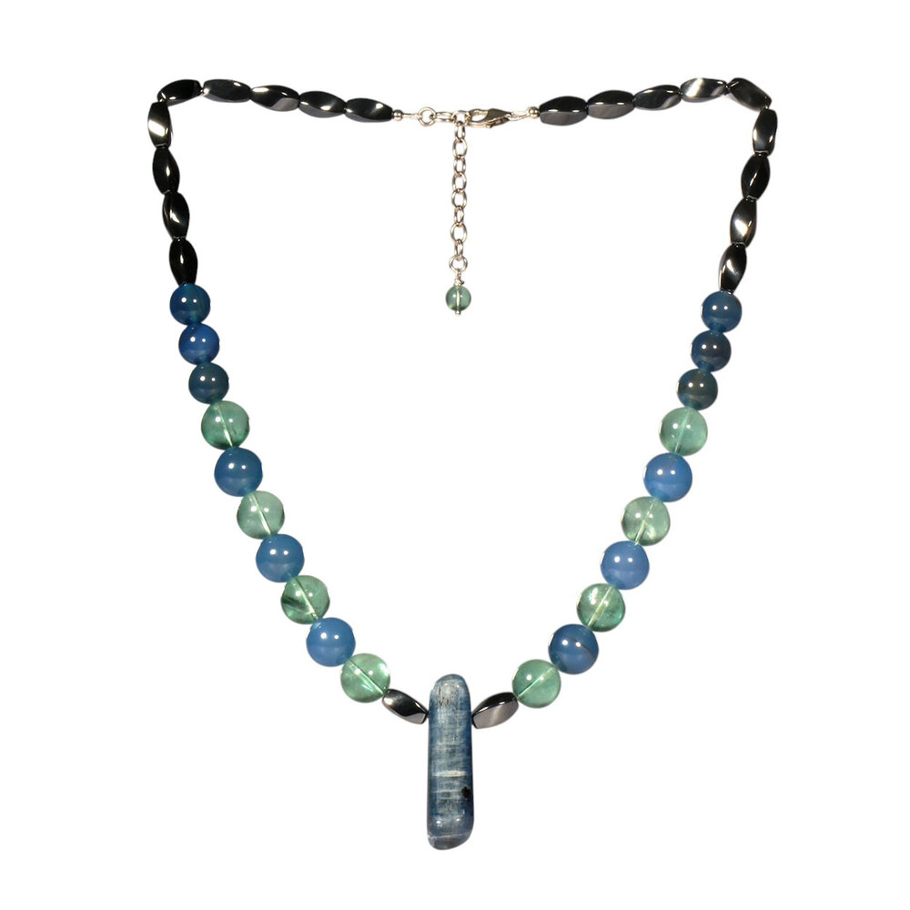 Agaat (blauw), fluoriet en kyaniet ketting verschillende kralen