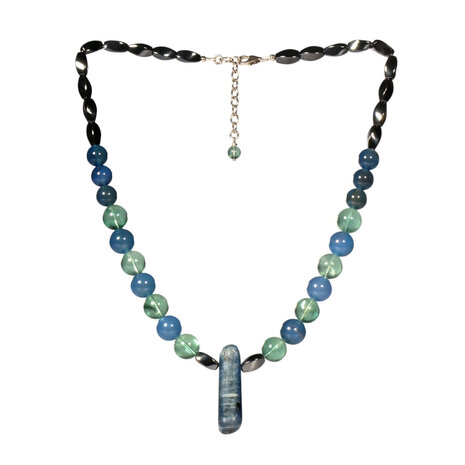 Agaat (blauw), fluoriet en kyaniet ketting verschillende kralen