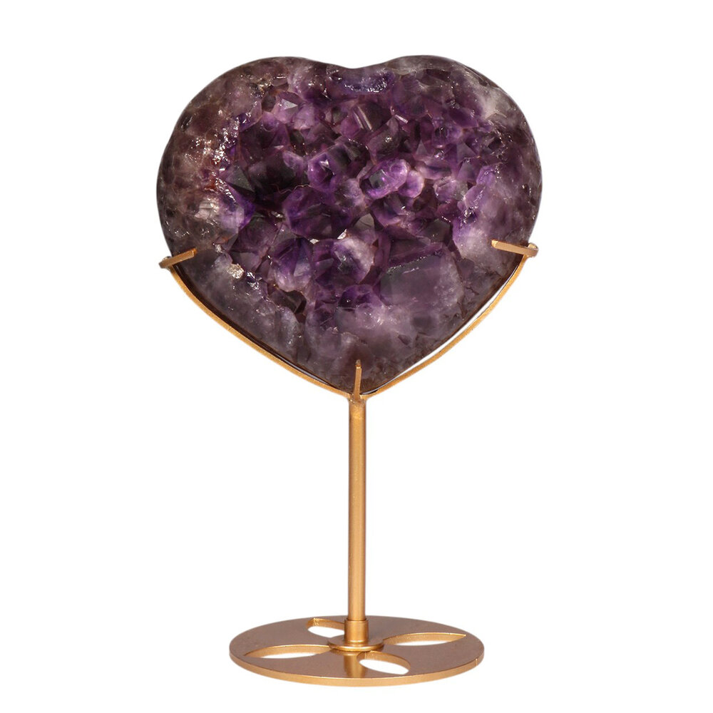 Amethist cluster hart op goudkleurige standaard 10,4 x 12 x 4,9 cm | 771 gram Amethist cluster hart op goudkleurige standaard 10,4 x 12 x 4,9 cm | 771 gram