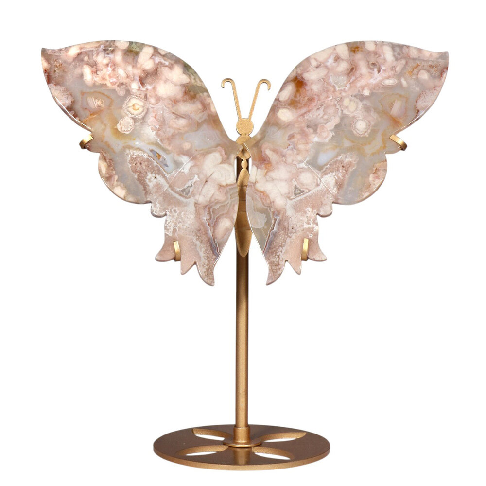 Amethist (roze) met bloemagaat vlinder op standaard 16,5 x 22,5 cm | 560 gram Amethist (roze) met bloemagaat vlinder op standaard 16,5 x 22,5 cm | 560 gram