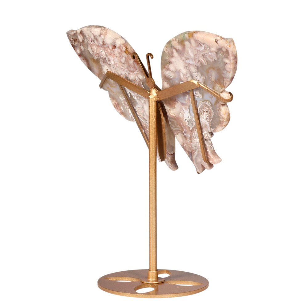 Amethist (roze) met bloemagaat vlinder op standaard 16,5 x 22,5 cm | 560 gram Amethist (roze) met bloemagaat vlinder op standaard 16,5 x 22,5 cm | 560 gram