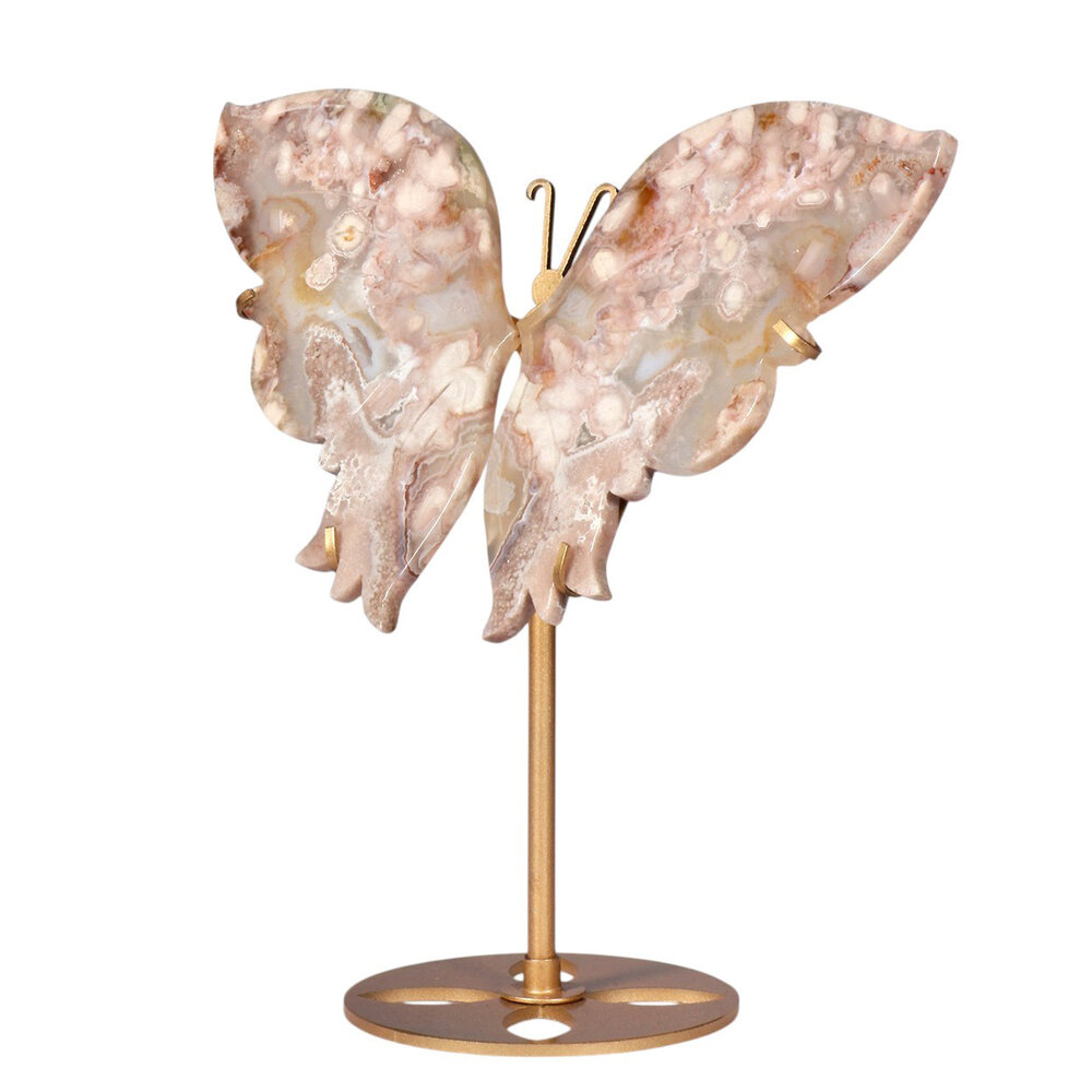 Amethist (roze) met bloemagaat vlinder op standaard 16,5 x 22,5 cm | 560 gram Amethist (roze) met bloemagaat vlinder op standaard 16,5 x 22,5 cm | 560 gram