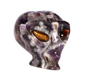 Amethist (chevron) met tijgeroog ogen alien schedel 9,3 x 6,4 x 7 cm | 440 gram Amethist (chevron) met tijgeroog ogen alien schedel 9,3 x 6,4 x 7 cm | 440 gram