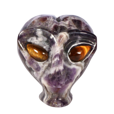 Amethist (chevron) met tijgeroog ogen alien schedel 9,3 x 6,4 x 7 cm | 440 gram Amethist (chevron) met tijgeroog ogen alien schedel 9,3 x 6,4 x 7 cm | 440 gram