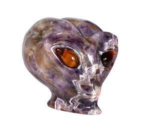 Amethist (chevron) met tijgeroog ogen alien schedel 9,2 x 6,9 x 7,1 cm | 483 gram Amethist (chevron) met tijgeroog ogen alien schedel 9,2 x 6,9 x 7,1 cm | 483 gram