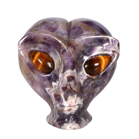 Amethist (chevron) met tijgeroog ogen alien schedel 9,2 x 6,9 x 7,1 cm | 483 gram Amethist (chevron) met tijgeroog ogen alien schedel 9,2 x 6,9 x 7,1 cm | 483 gram