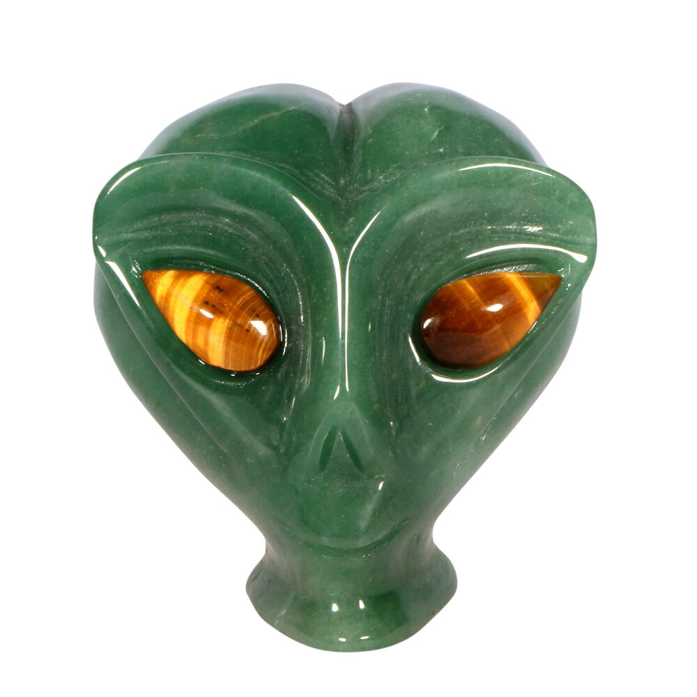 Aventurijn met tijgeroog ogen alien schedel 9 x 6,8 x 7 cm | 468 gram Aventurijn met tijgeroog ogen alien schedel 9 x 6,8 x 7 cm | 468 gram