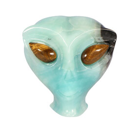 Calciet (Caribbean blue) met tijgeroog ogen alien schedel 8,7 x 6,9 x 6,8 cm | 414 gram Calciet (Caribbean blue) met tijgeroog ogen alien schedel 8,7 x 6,9 x 6,8 cm | 414 gram