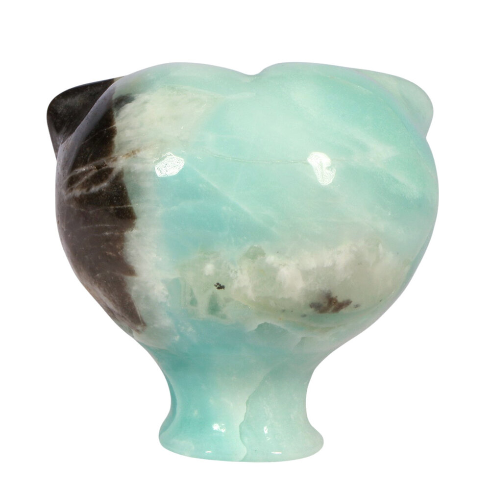 Calciet (Caribbean blue) met tijgeroog ogen alien schedel 8,7 x 6,9 x 6,8 cm | 414 gram Calciet (Caribbean blue) met tijgeroog ogen alien schedel 8,7 x 6,9 x 6,8 cm | 414 gram