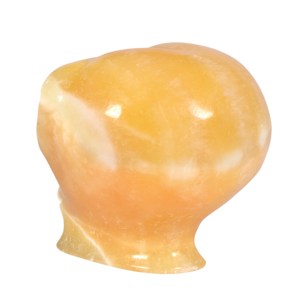 Calciet (oranje) met tijgeroog ogen alien schedel 8,8 x 6,9 x 6,9 cm | 450 gram Calciet (oranje) met tijgeroog ogen alien schedel 8,8 x 6,9 x 6,9 cm | 450 gram