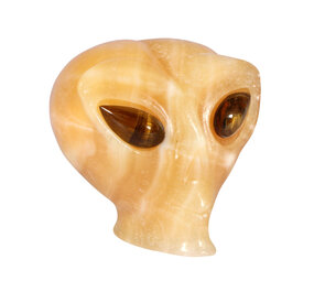 Calciet (oranje) met tijgeroog ogen alien schedel 8,7 x 6,9 x 6,9 cm | 449 gram