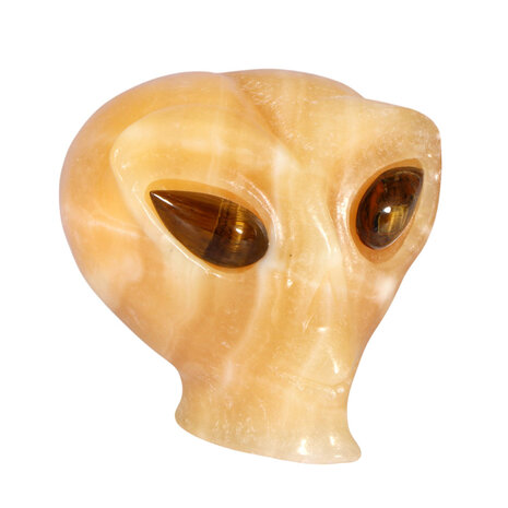 Calciet (oranje) met tijgeroog ogen alien schedel 8,7 x 6,9 x 6,9 cm | 449 gram