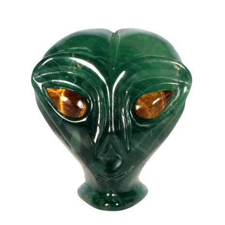 Fluoriet (groen) met tijgeroog ogen alien schedel 9,3 x 6,9 x 7,3 cm | 543 gram Fluoriet (groen) met tijgeroog ogen alien schedel 9,3 x 6,9 x 7,3 cm | 543 gram