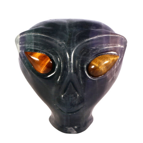 Fluoriet (paars) met tijgeroog ogen alien schedel 9 x 7,3 x 7,1 cm | 586 gram Fluoriet (paars) met tijgeroog ogen alien schedel 9 x 7,3 x 7,1 cm | 586 gram