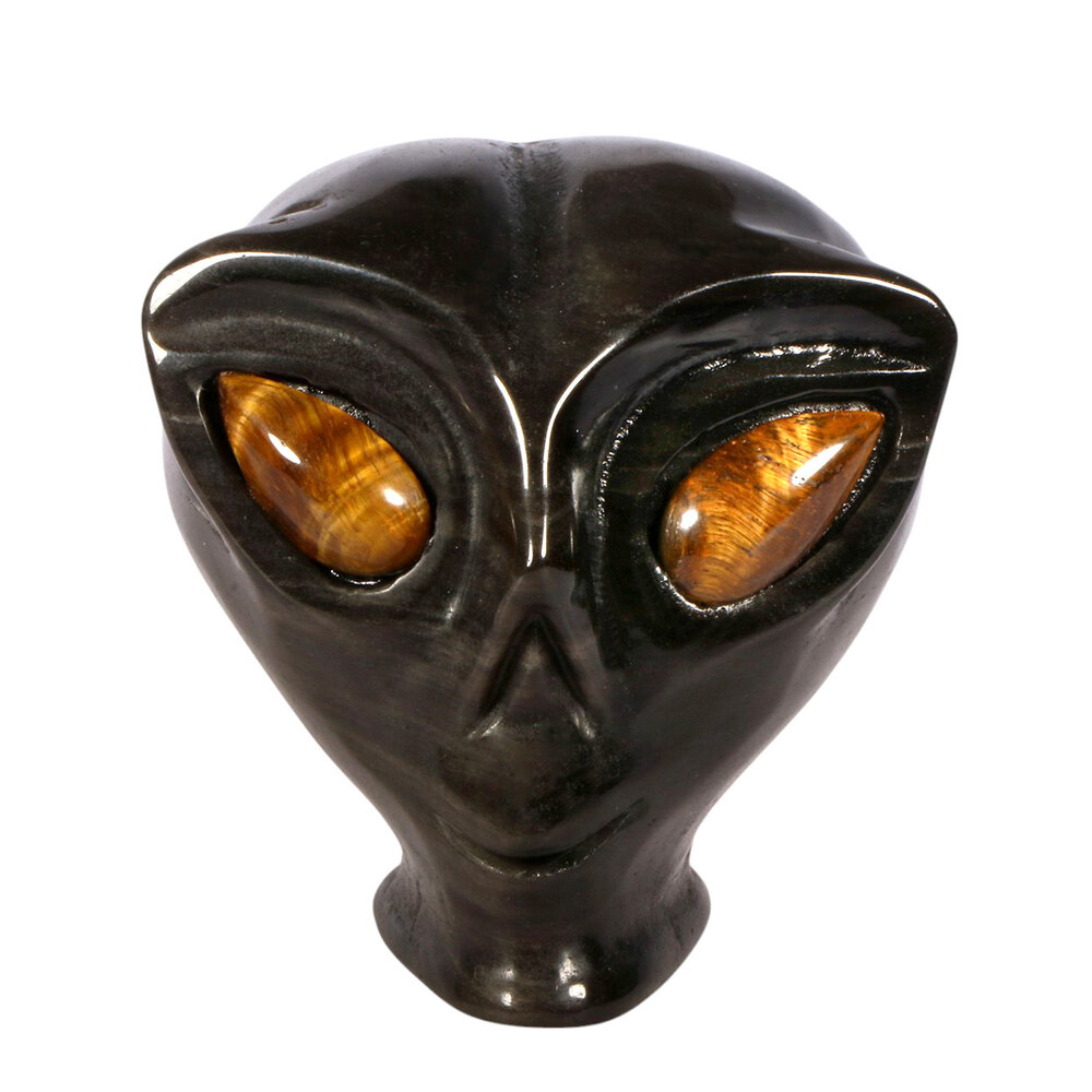 Obsidiaan (zilver) met tijgeroog ogen alien schedel 8,7 x 7 x 7,1 cm | 396 gram Obsidiaan (zilver) met tijgeroog ogen alien schedel 8,7 x 7 x 7,1 cm | 396 gram