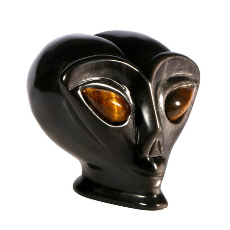 Obsidiaan (zilver) met tijgeroog ogen alien schedel 9,3 x 7,2 x 7,1 cm | 435 gram Obsidiaan (zilver) met tijgeroog ogen alien schedel 9,3 x 7,2 x 7,1 cm | 435 gram