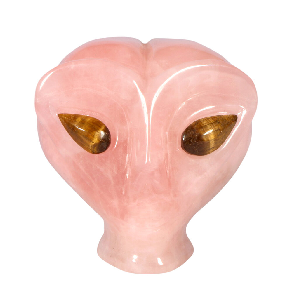 Rozenkwarts met tijgeroog ogen alien schedel 8,9 x 7 x 7 cm | 457 gram Rozenkwarts met tijgeroog ogen alien schedel 8,9 x 7 x 7 cm | 457 gram
