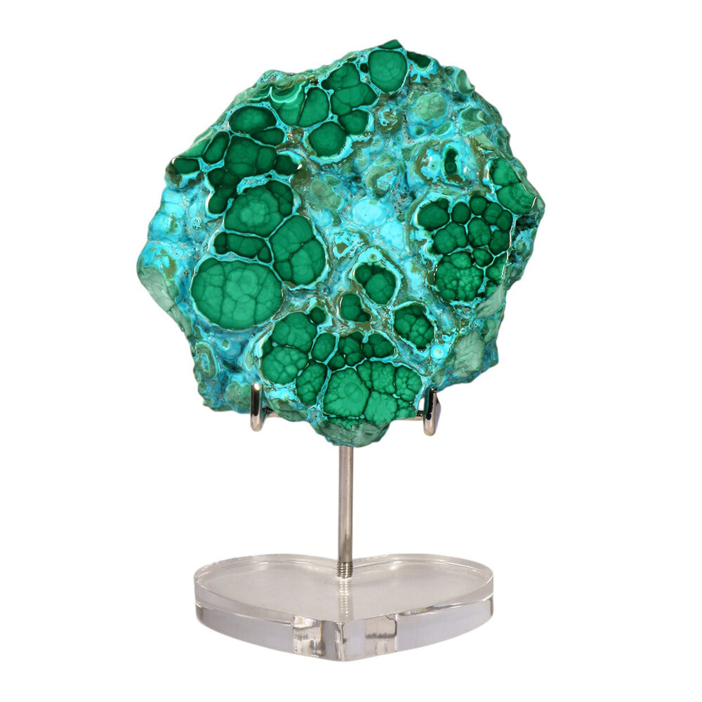 Chrysocolla met malachiet deels gepolijst op standaard 12,5 x 11 x 1,2 cm | 824 gram Chrysocolla met malachiet deels gepolijst op standaard 12,5 x 11 x 1,2 cm | 824 gram
