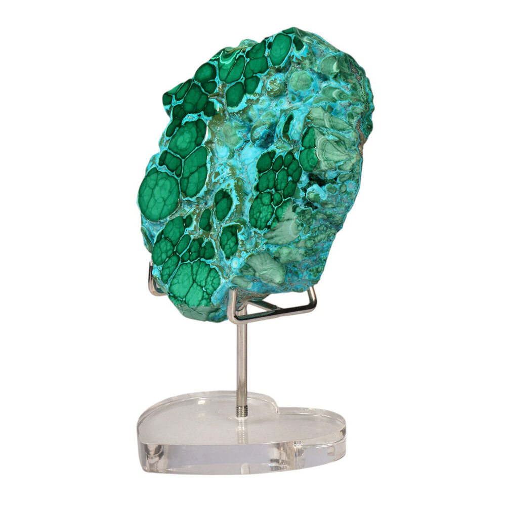 Chrysocolla met malachiet deels gepolijst op standaard 12,5 x 11 x 1,2 cm | 824 gram Chrysocolla met malachiet deels gepolijst op standaard 12,5 x 11 x 1,2 cm | 824 gram