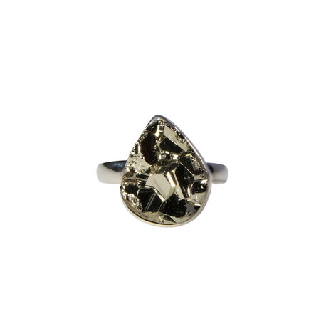 Zilveren ring pyriet maat 18 1/2 (verstelbaar) | ruw druppel 1,5 x 1,3 cm Zilveren ring pyriet maat 18 1/2 (verstelbaar) | ruw druppel 1,5 x 1,3 cm