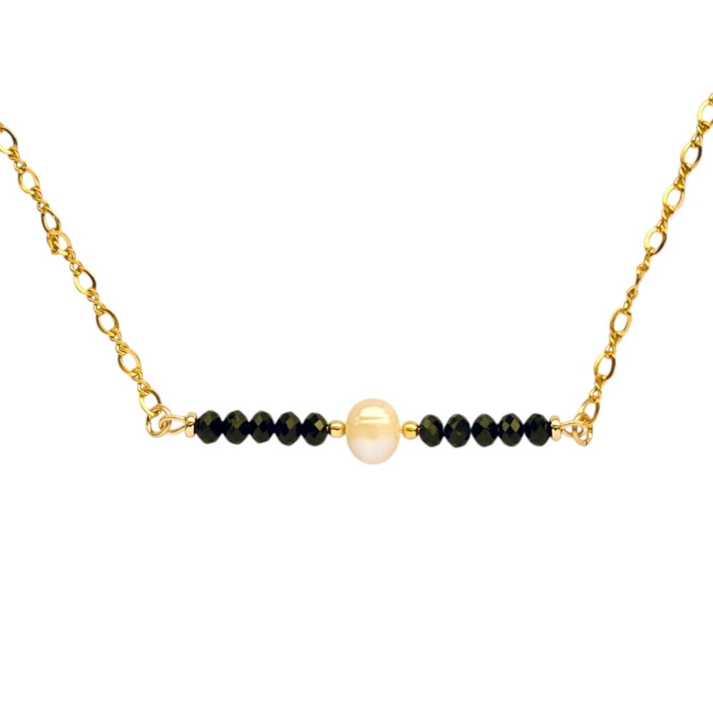 Gold filled ketting zwarte toermalijn rondelles en parel Gold filled ketting zwarte toermalijn rondelles en parel
