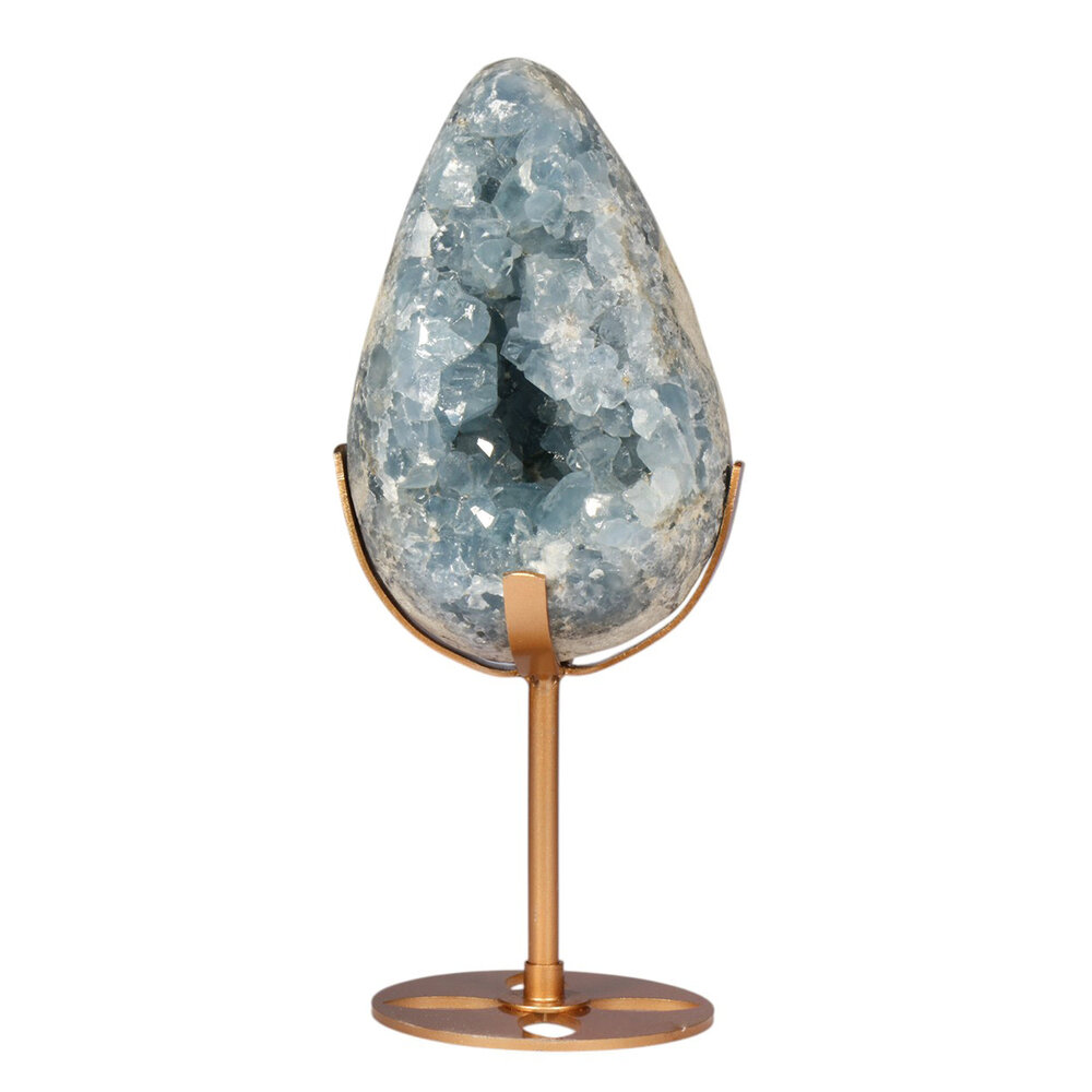 Celestien ei op goudkleurige standaard 13,8 x 8,8 x 8,1 cm | 1506 gram Celestien ei op goudkleurige standaard 13,8 x 8,8 x 8,1 cm | 1506 gram