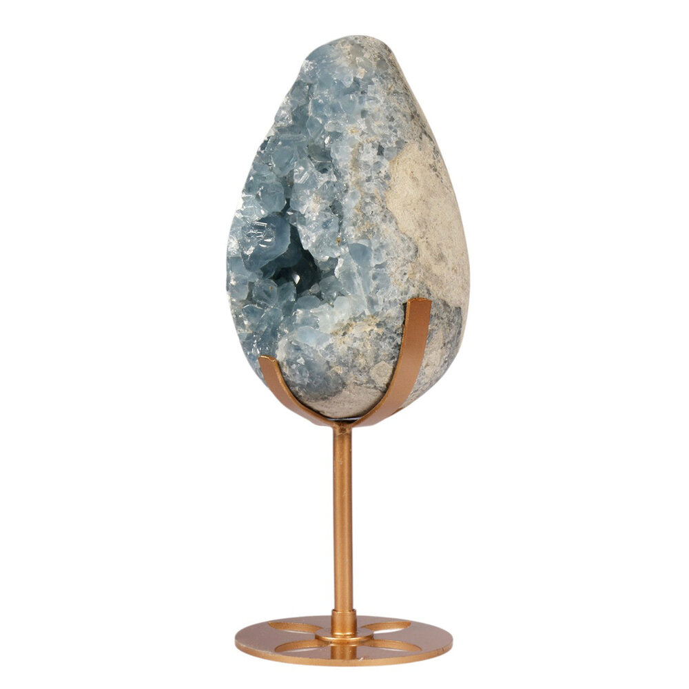 Celestien ei op goudkleurige standaard 13,8 x 8,8 x 8,1 cm | 1506 gram Celestien ei op goudkleurige standaard 13,8 x 8,8 x 8,1 cm | 1506 gram