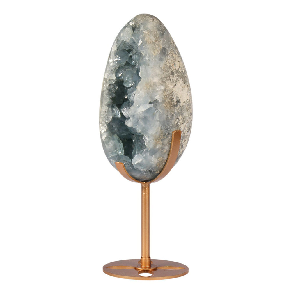 Celestien ei op goudkleurige standaard 15,2 x 8,7 x 7,8 cm | 1939 gram Celestien ei op goudkleurige standaard 15,2 x 8,7 x 7,8 cm | 1939 gram
