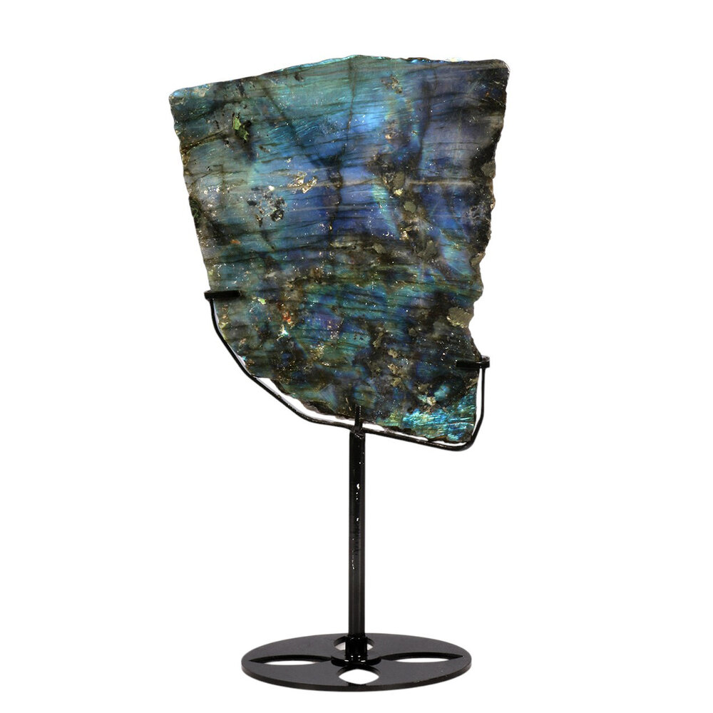 Labradoriet schijf gepolijst op standaard 16 x 14,3 x 1,7 cm | 876 gram Labradoriet schijf gepolijst op standaard 16 x 14,3 x 1,7 cm | 876 gram