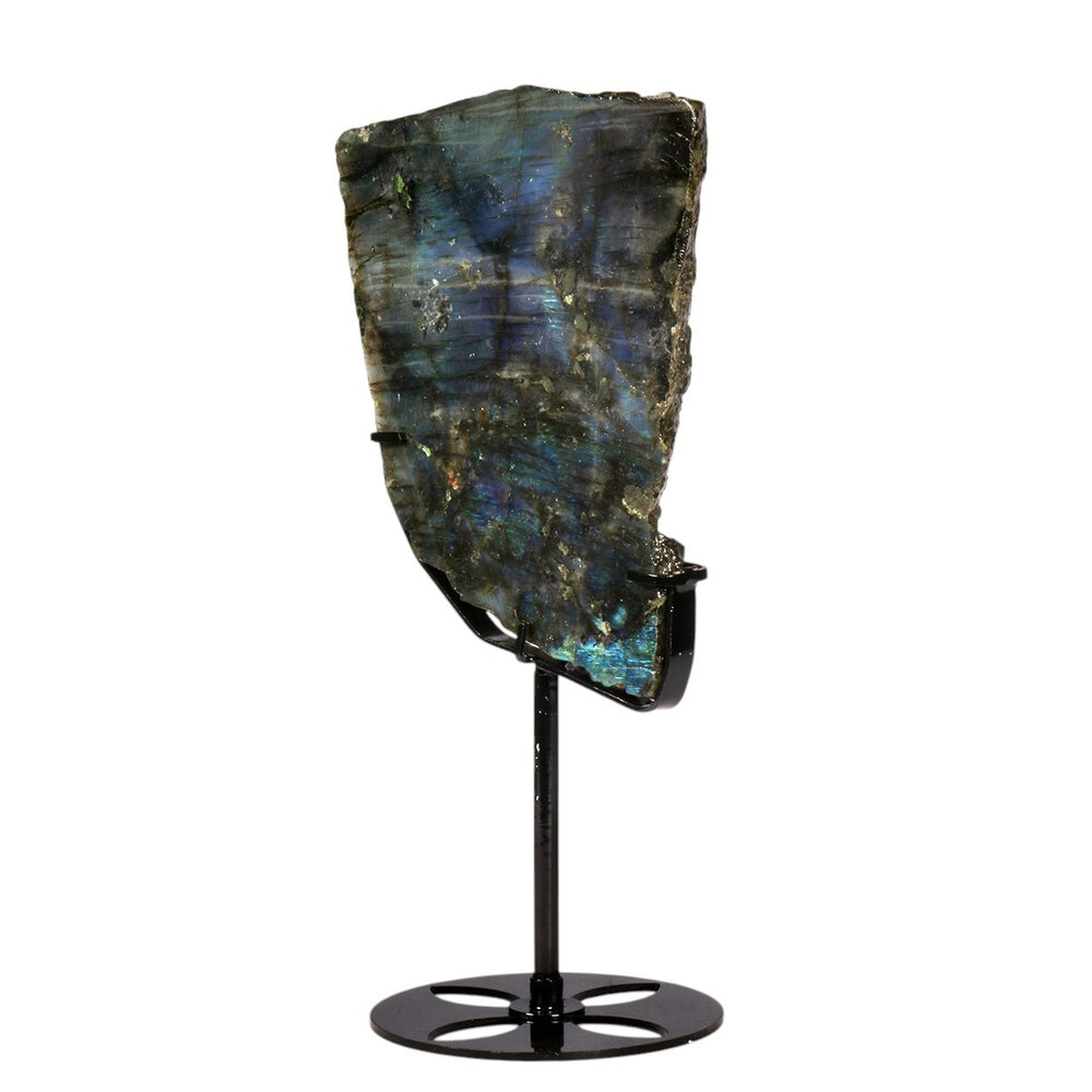 Labradoriet schijf gepolijst op standaard 16 x 14,3 x 1,7 cm | 876 gram Labradoriet schijf gepolijst op standaard 16 x 14,3 x 1,7 cm | 876 gram