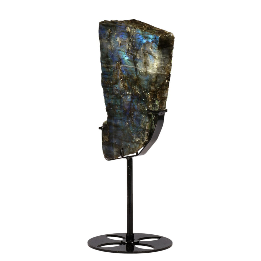 Labradoriet schijf gepolijst op standaard 16 x 14,3 x 1,7 cm | 876 gram Labradoriet schijf gepolijst op standaard 16 x 14,3 x 1,7 cm | 876 gram