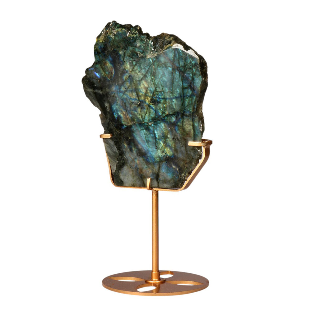 Labradoriet schijf gepolijst op standaard 13,6 x 10,5 x 1,6 cm | 587 gram Labradoriet schijf gepolijst op standaard 13,6 x 10,5 x 1,6 cm | 587 gram